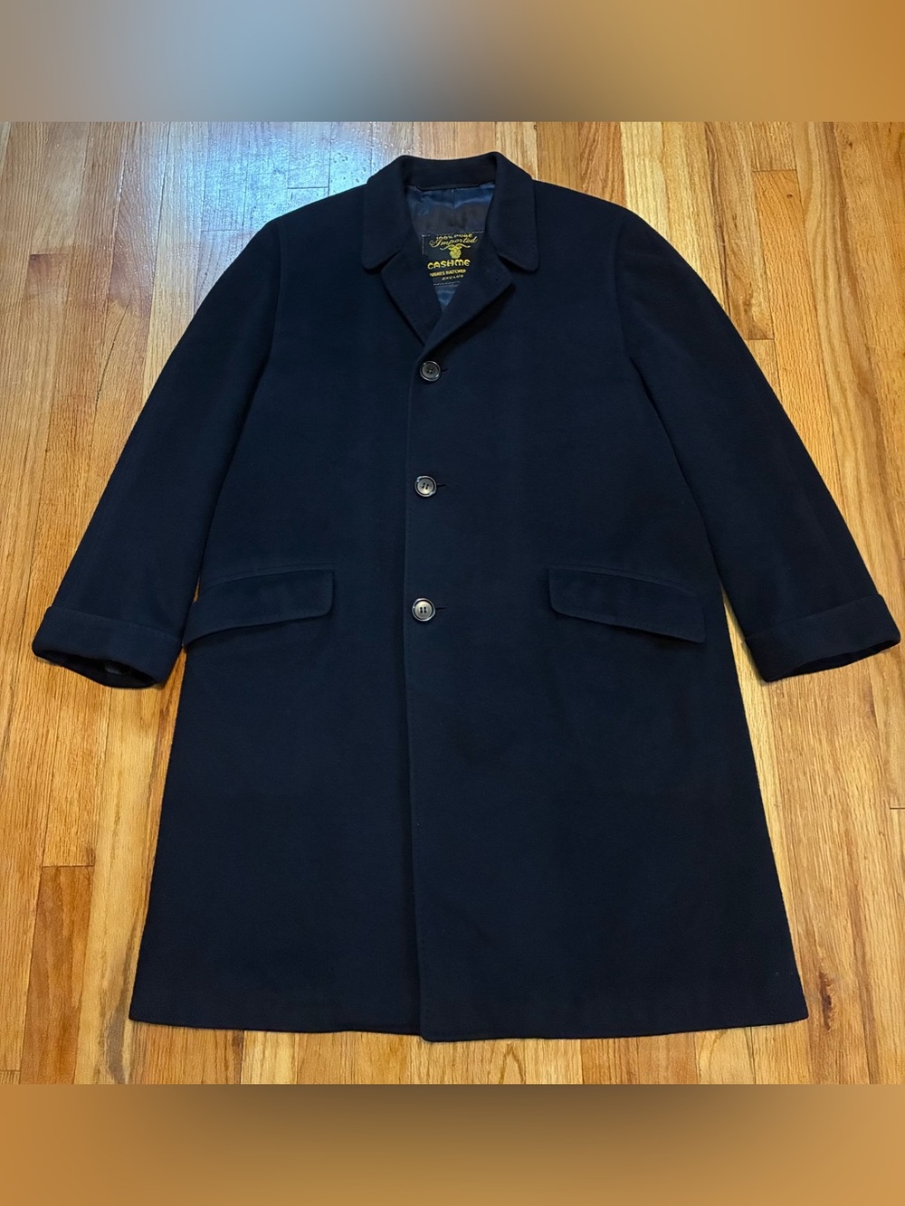 VTG Hughes Hatcher Suffrin Navy 100% Cashmere Overcoat Lined Button Men’s L